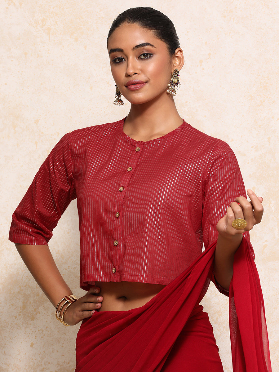 Parvati x Tyohaar Saree Blouse, in Red 100% Cotton & Lurex, featuring elbow sleeves and jewel neckline (view 8).