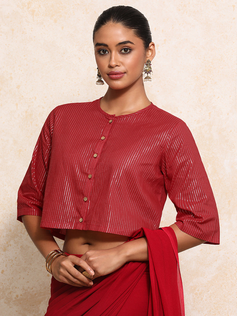 Parvati x Tyohaar | Elbow Sleeves Saree Blouse in Red Silver Stripe Cotton-Binks