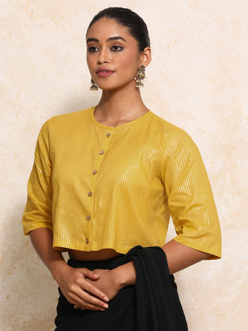 Parvati x Tyohaar | Elbow Sleeves Saree Blouse in Turmeric Yellow Silver Stripe Cotton-Binks