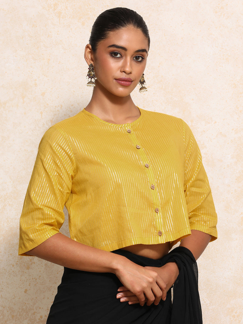 Parvati x Tyohaar | Elbow Sleeves Saree Blouse in Turmeric Yellow Silver Stripe Cotton-Binks