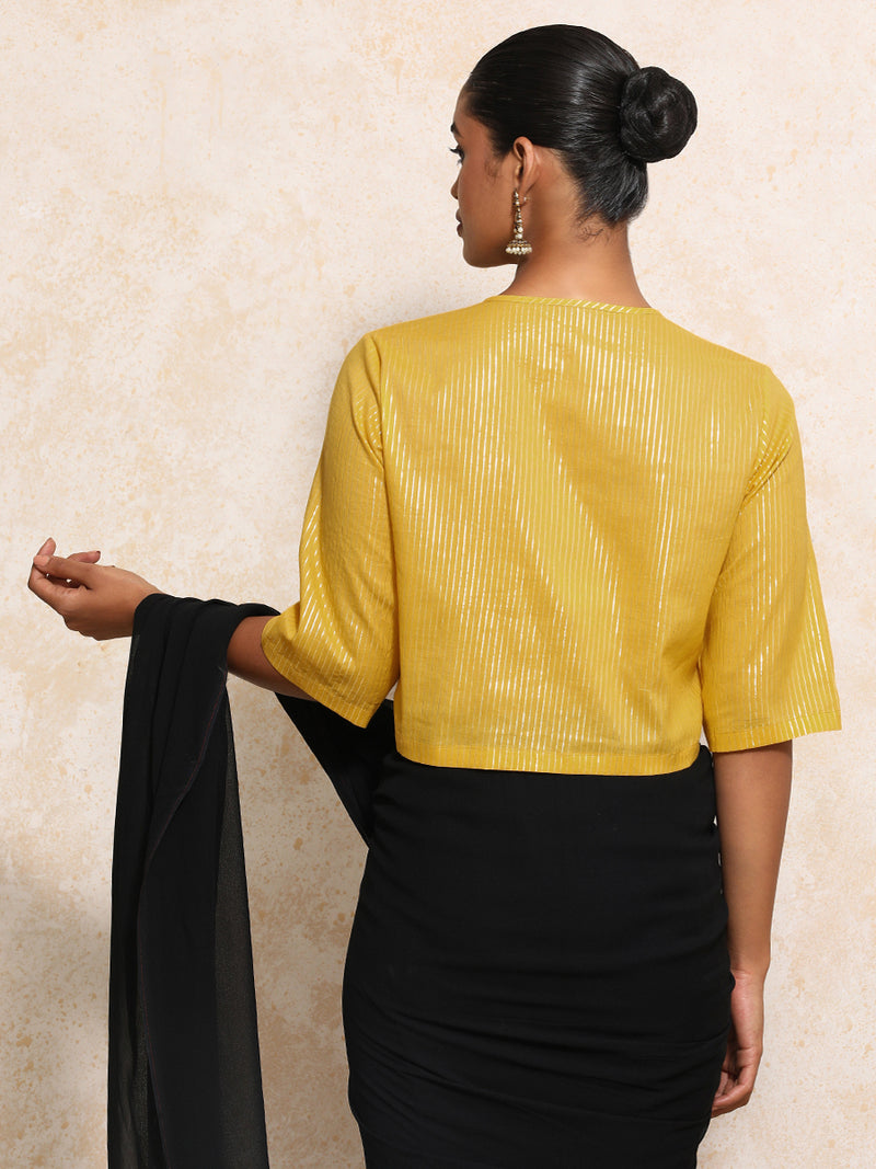 Parvati x Tyohaar | Elbow Sleeves Saree Blouse in Turmeric Yellow Silver Stripe Cotton-Binks