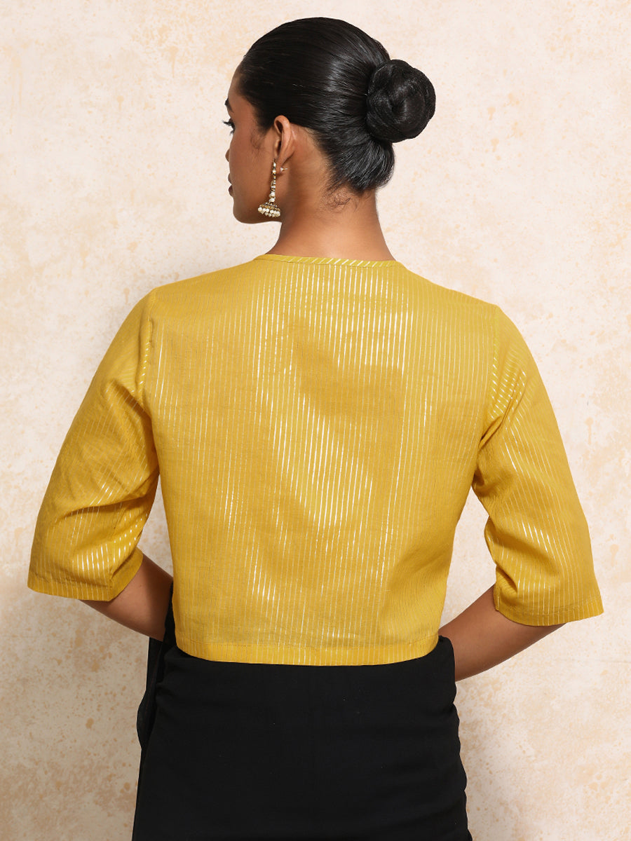 Parvati x Tyohaar Saree Blouse, in Yellow 100% Cotton & Lurex, featuring elbow sleeves and jewel neckline (view 2).