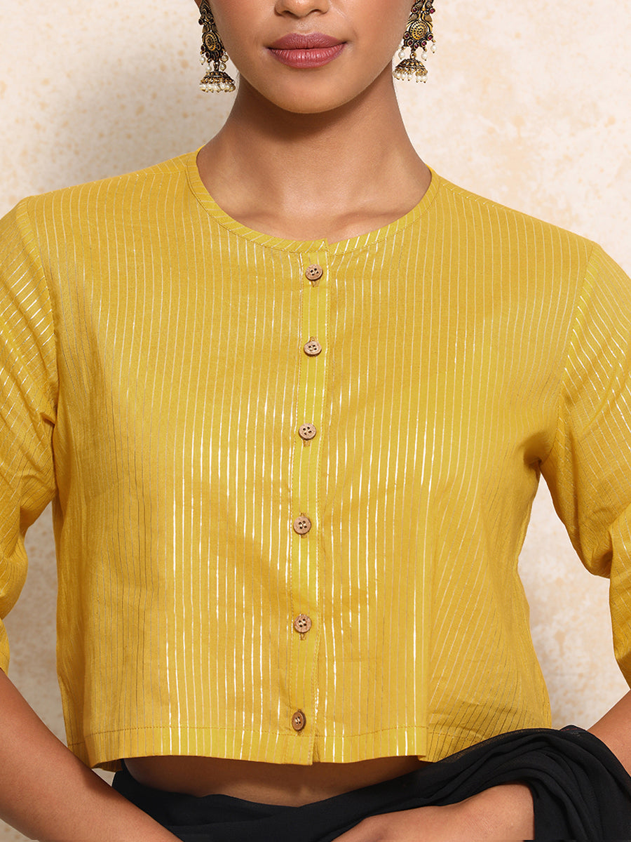 Parvati x Tyohaar Saree Blouse, in Yellow 100% Cotton & Lurex, featuring elbow sleeves and jewel neckline (view 3).