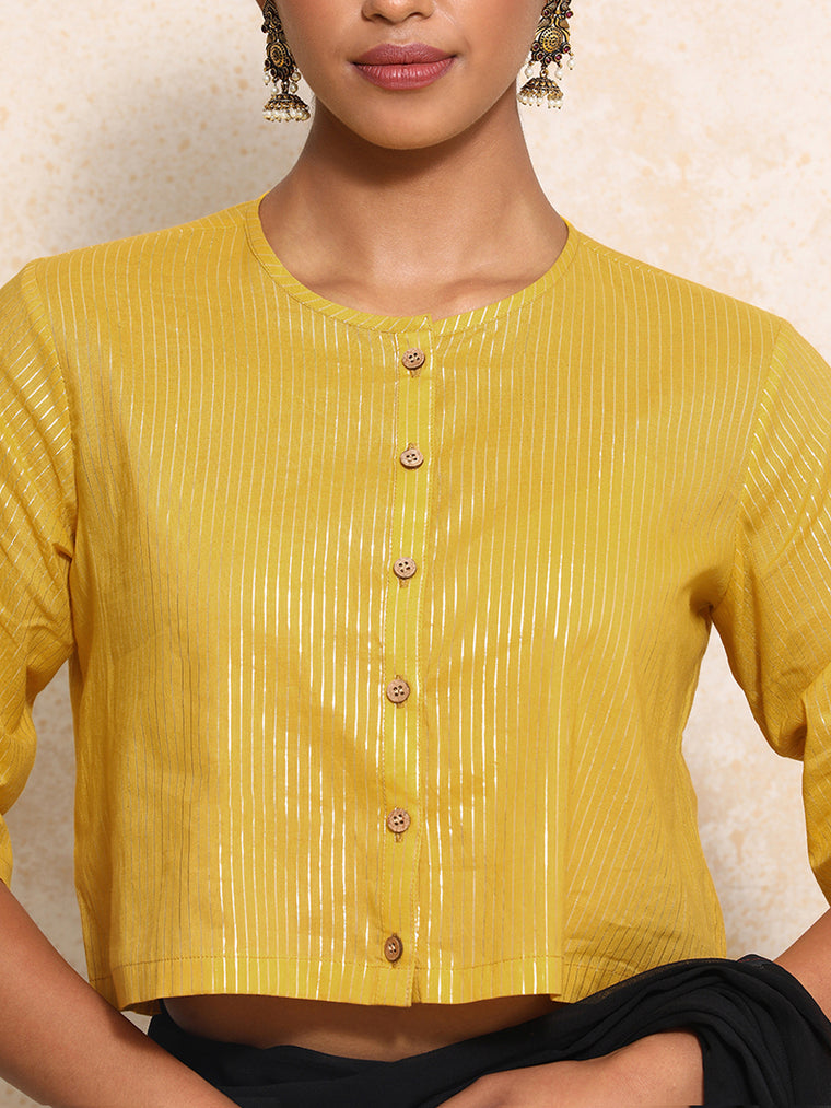 Parvati x Tyohaar Saree Blouse, in Yellow 100% Cotton & Lurex, featuring elbow sleeves and jewel neckline (view 3).