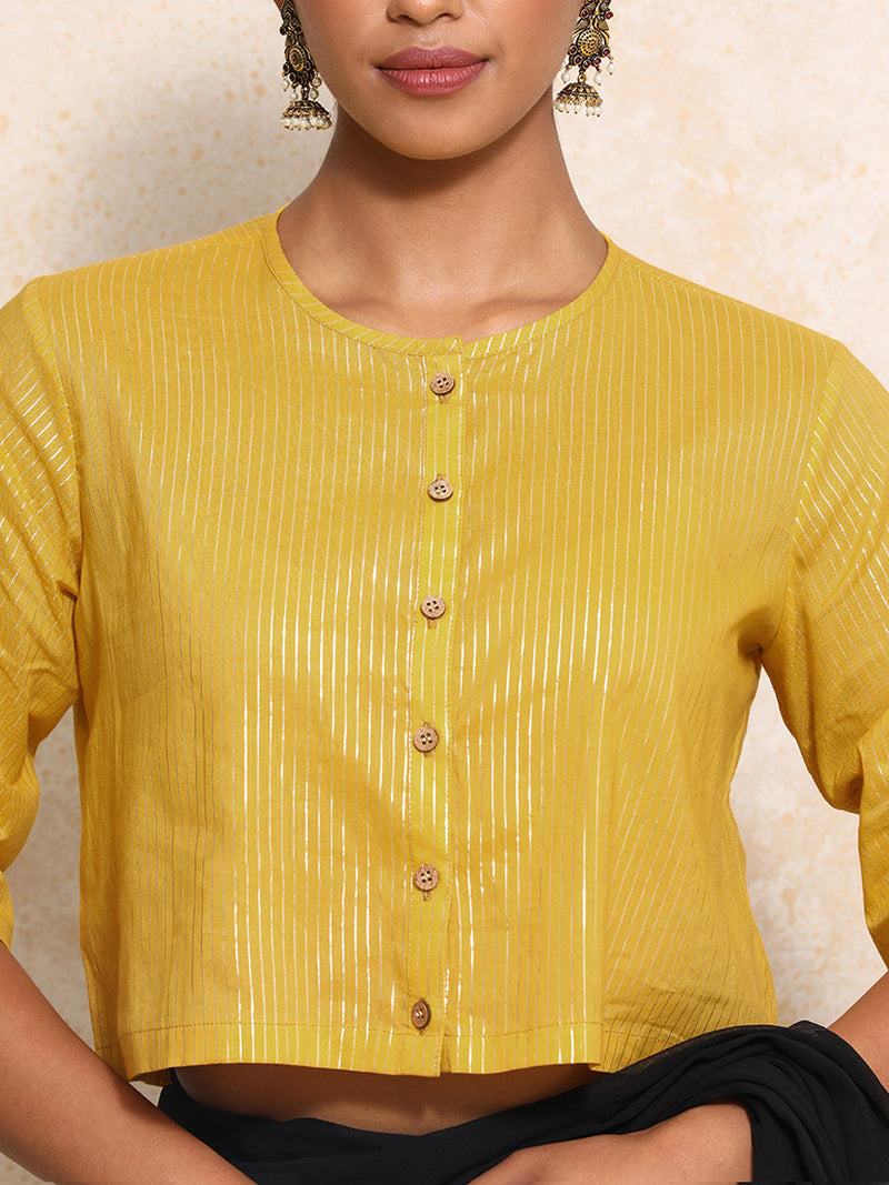 Parvati x Tyohaar | Elbow Sleeves Saree Blouse in Turmeric Yellow Silver Stripe Cotton-Binks