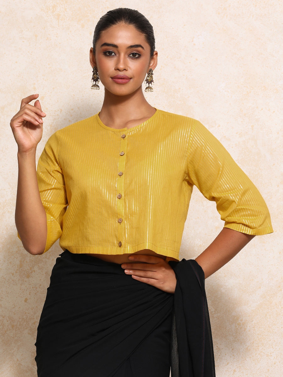 Parvati x Tyohaar Saree Blouse, in Yellow 100% Cotton & Lurex, featuring elbow sleeves and jewel neckline (view 6).