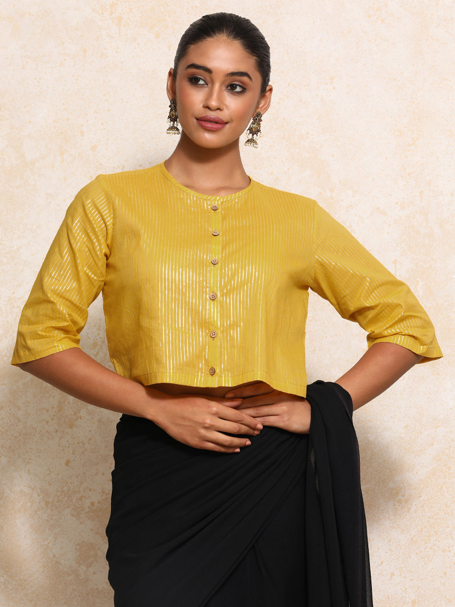 Parvati x Tyohaar Saree Blouse, in Yellow 100% Cotton & Lurex, featuring elbow sleeves and jewel neckline (view 7).