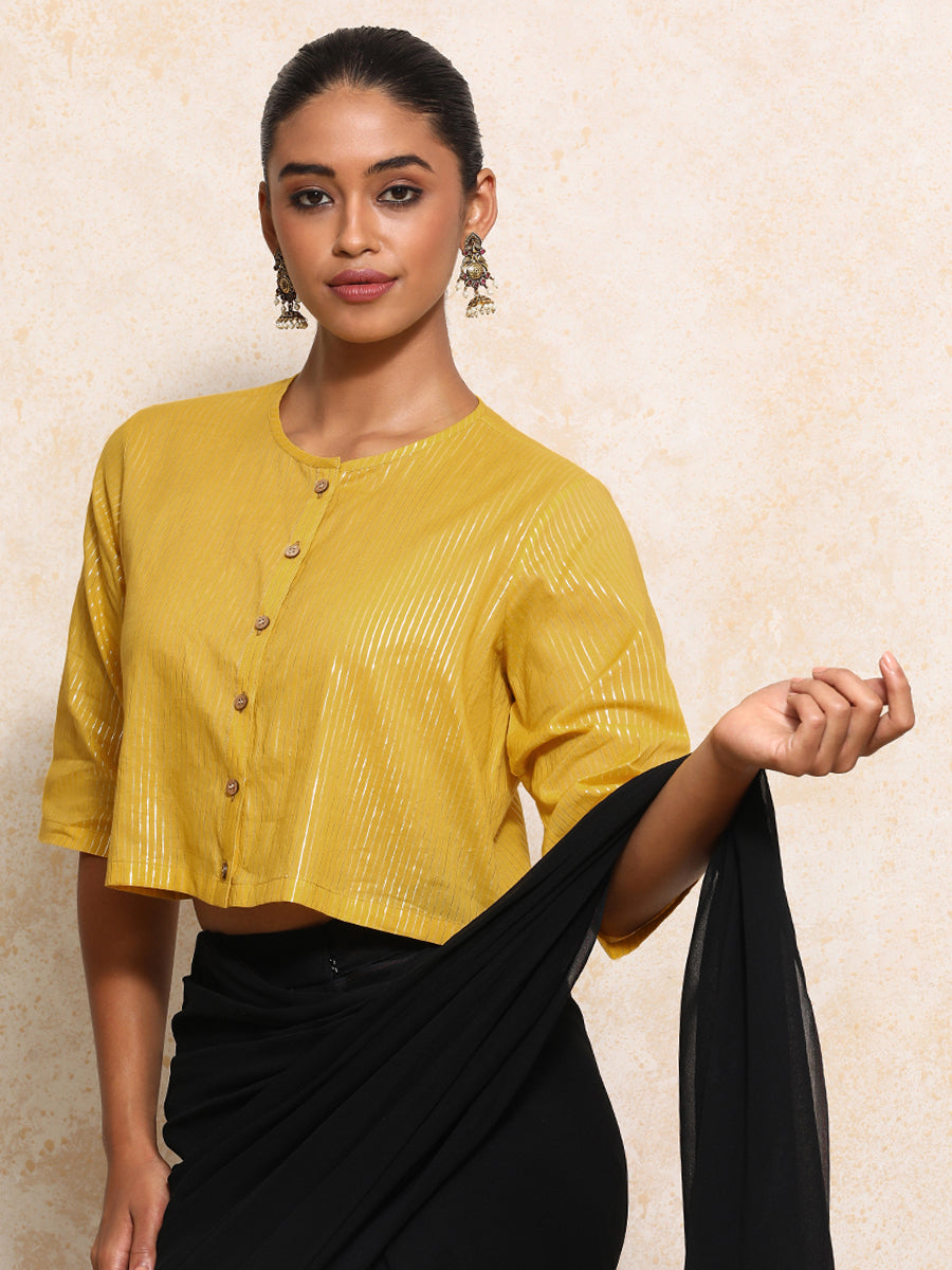 Parvati x Tyohaar Saree Blouse, in Yellow 100% Cotton & Lurex, featuring elbow sleeves and jewel neckline (view 8).