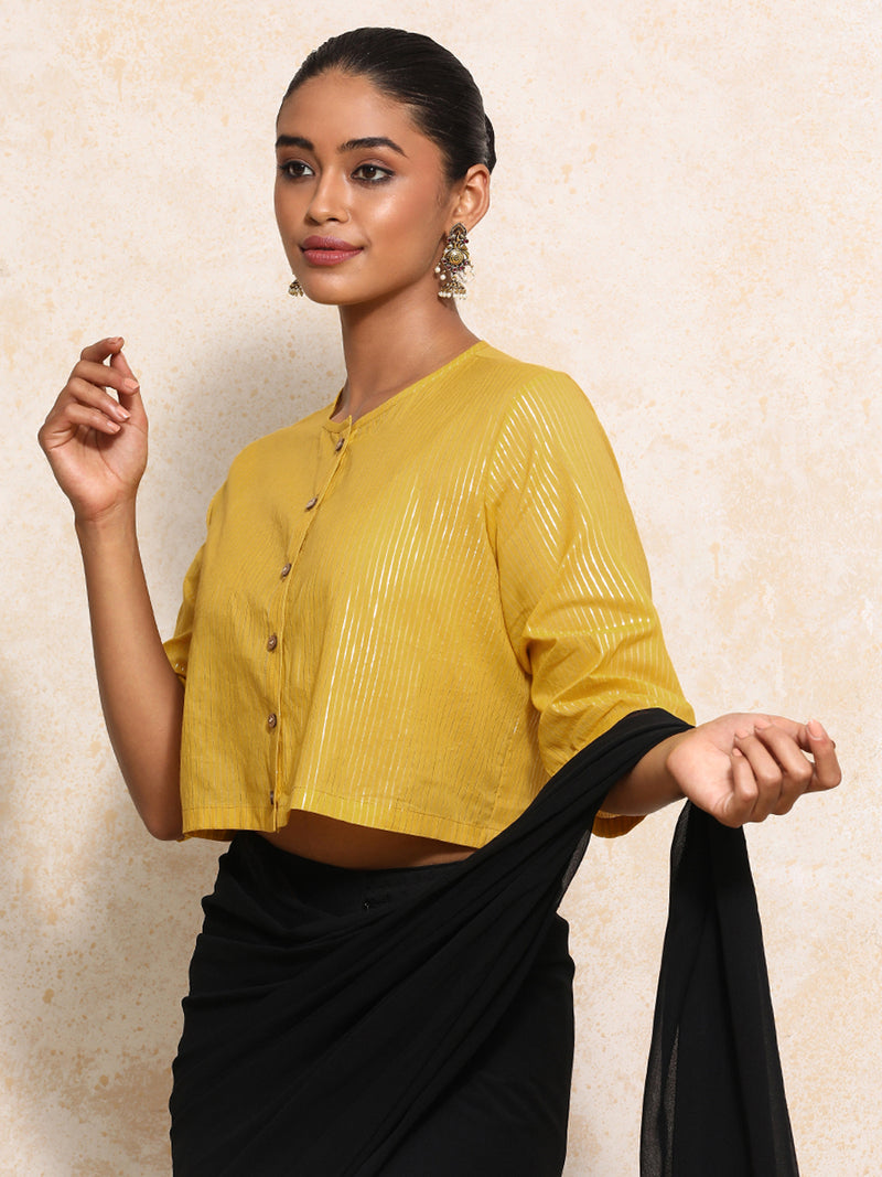 Parvati x Tyohaar | Elbow Sleeves Saree Blouse in Turmeric Yellow Silver Stripe Cotton-Binks