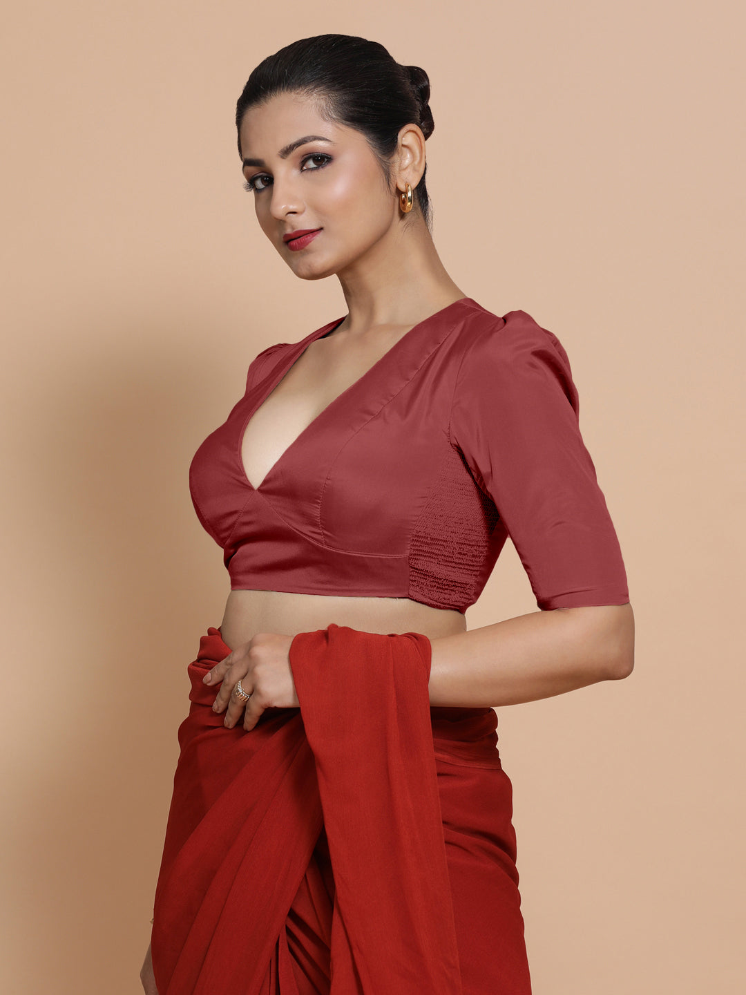 Pavani x Rozaana Saree Blouse, in Red Vegan Silk, featuring elbow sleeves and v-neckline, made for party & festive (view 7).