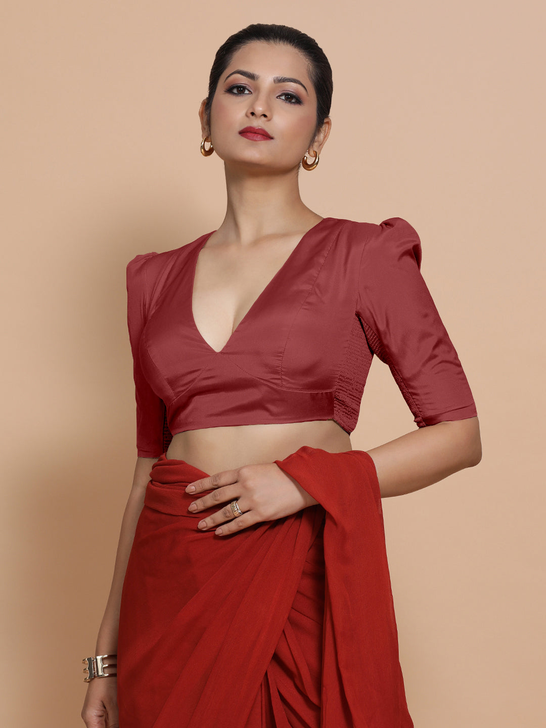 Pavani x Rozaana Saree Blouse, in Red Vegan Silk, featuring elbow sleeves and v-neckline, made for party & festive (view 8).