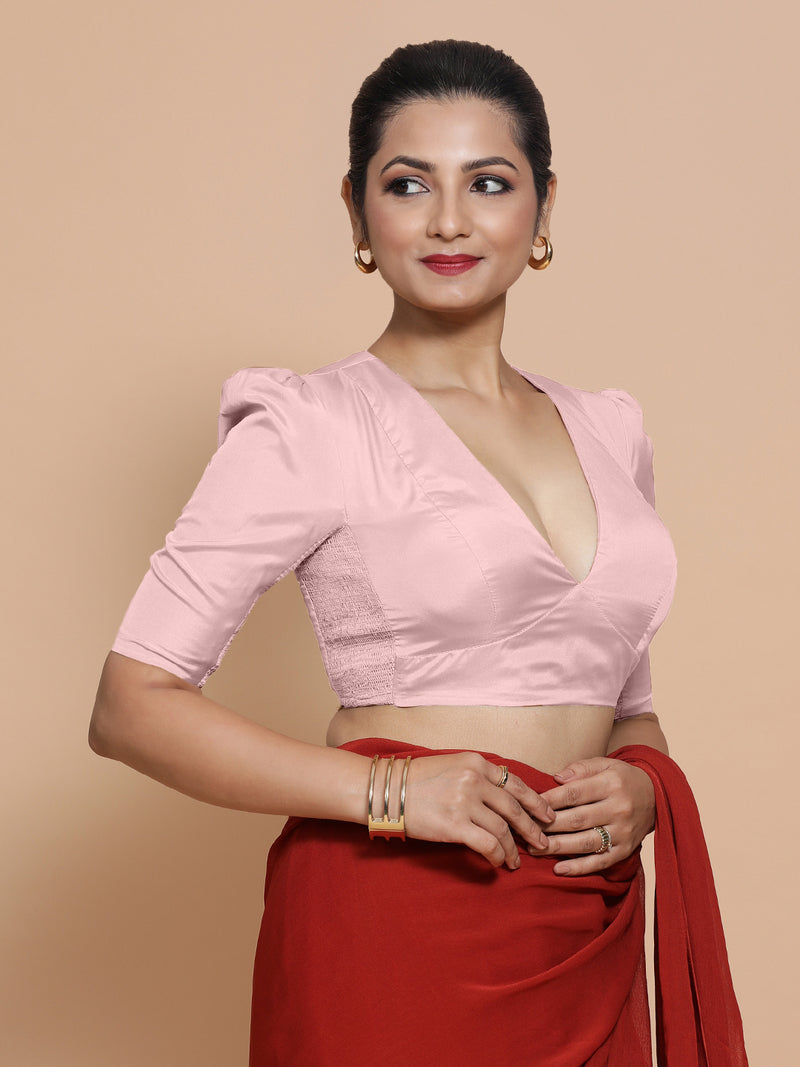 Pavani x Rozaana | Puff Sleeves Baby Pink FlexiFit™ Saree Blouse with V-Neck-Binks