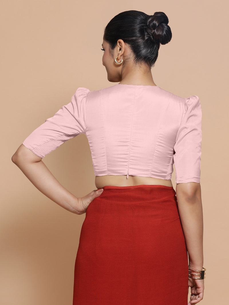 Pavani x Rozaana | Puff Sleeves Baby Pink FlexiFit™ Saree Blouse with V-Neck-Binks