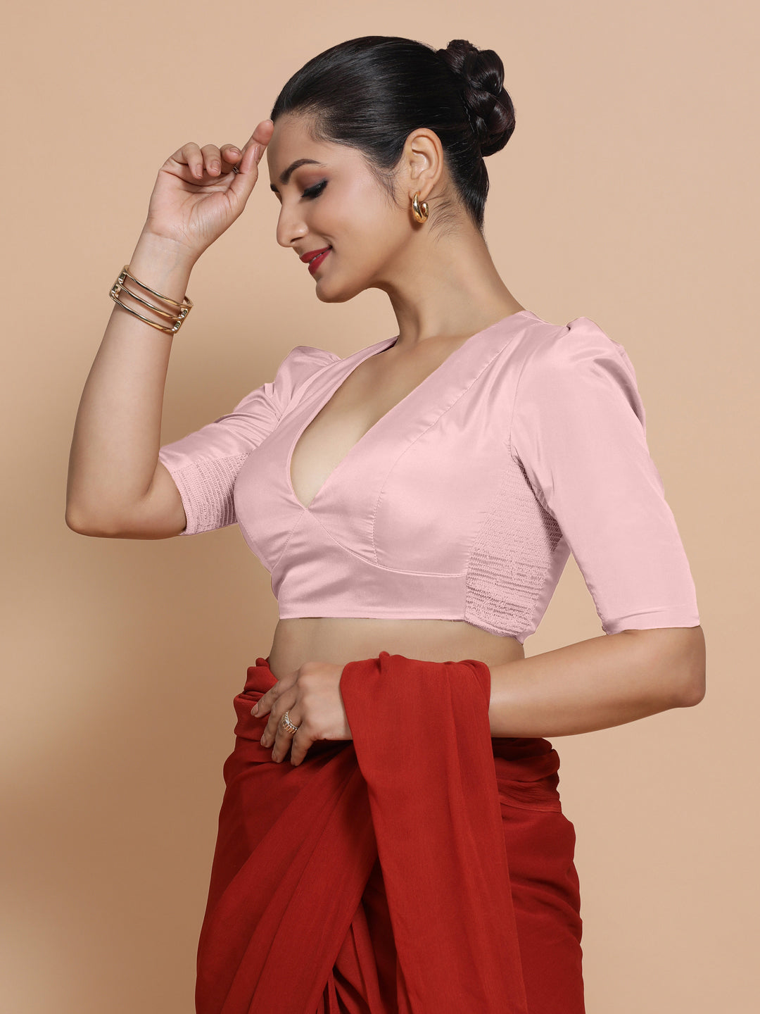 Pavani x Rozaana Saree Blouse, in Pink Artificial Silk, featuring elbow sleeves and v-neckline, made for party & festive.