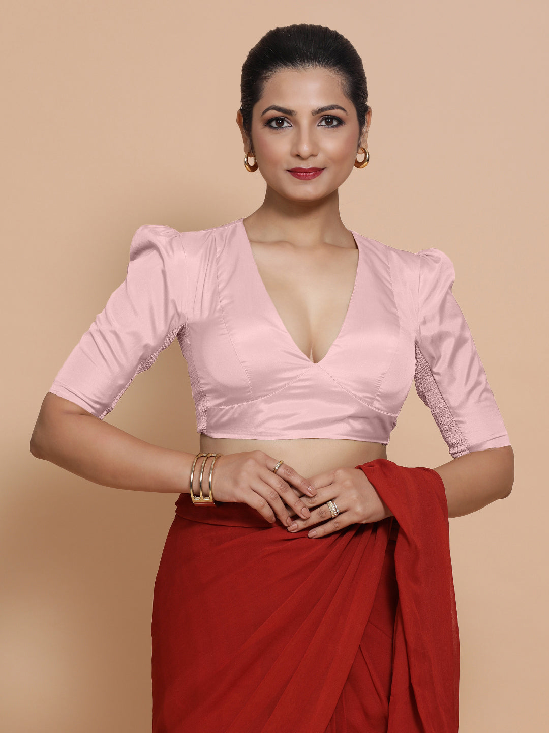 Pavani x Rozaana Saree Blouse, in Pink Artificial Silk, featuring elbow sleeves and v-neckline, made for party & festive.