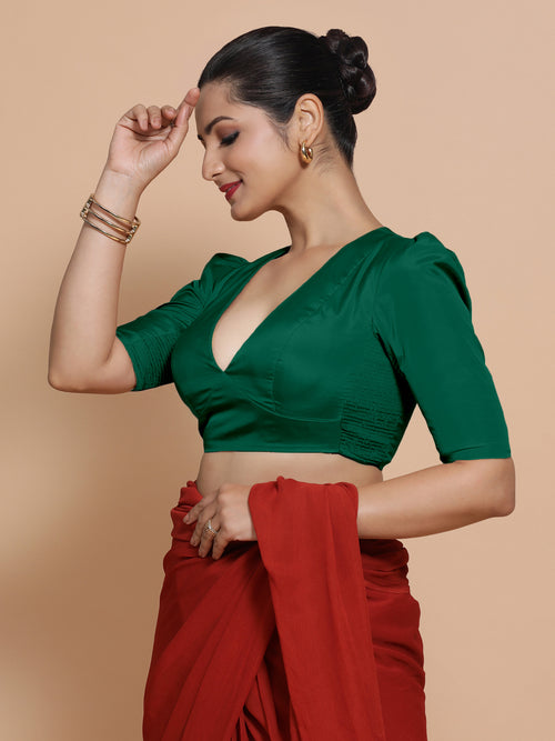 Pavani x Rozaana Saree Blouse, in Green Vegan Silk, featuring elbow sleeves and v-neckline, made for party & festive.