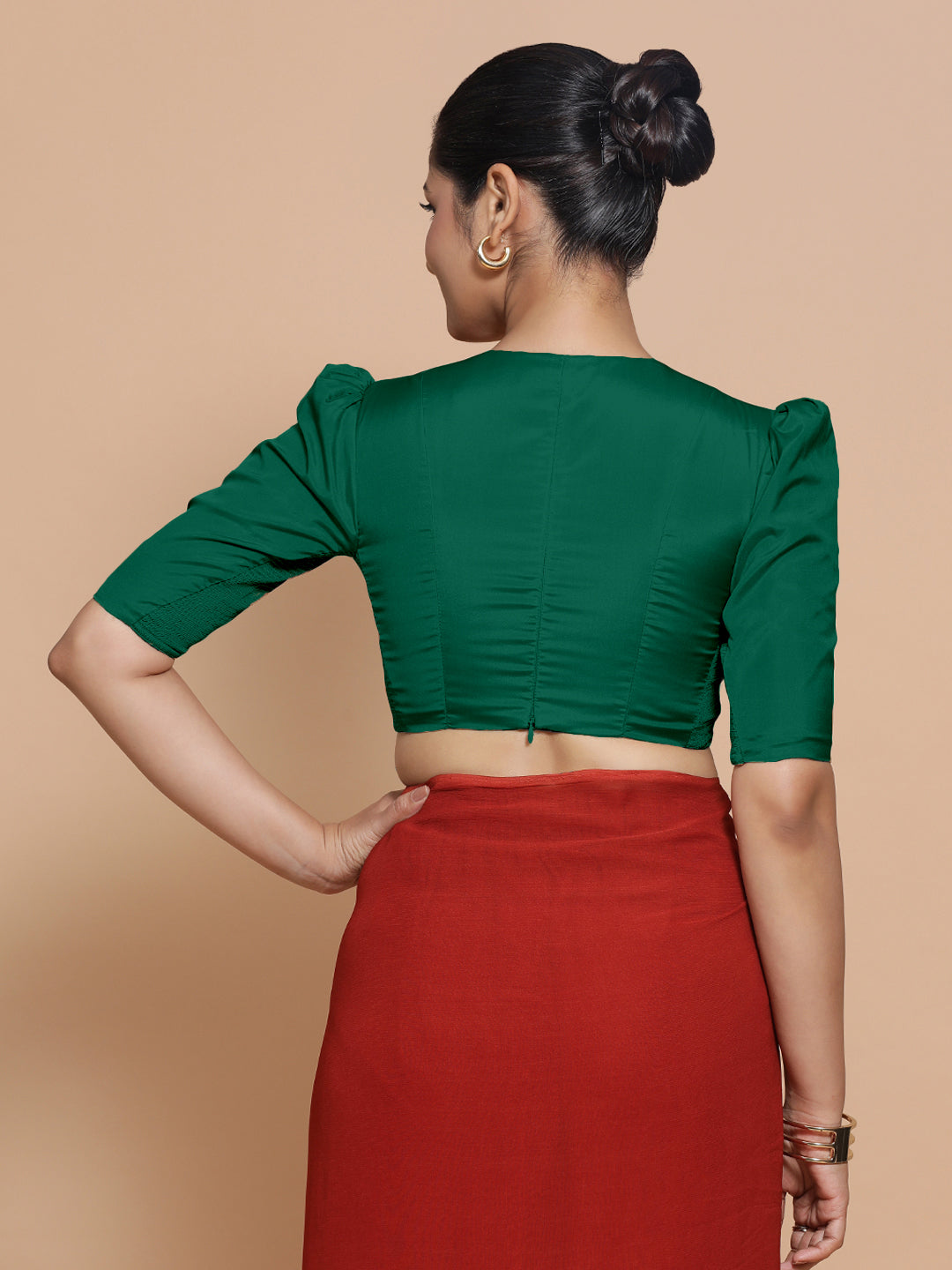 Pavani x Rozaana Saree Blouse, in Green Vegan Silk, featuring elbow sleeves and v-neckline, made for party & festive (view 2).