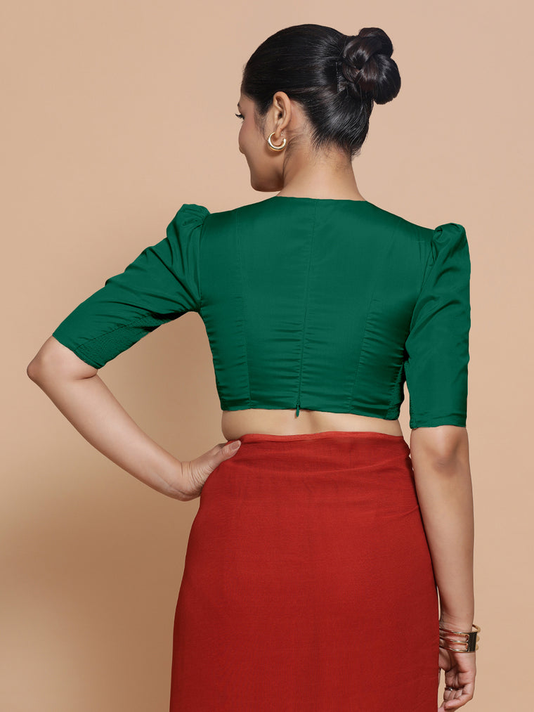 Pavani x Rozaana Saree Blouse, in Green Vegan Silk, featuring elbow sleeves and v-neckline, made for party & festive (view 2).