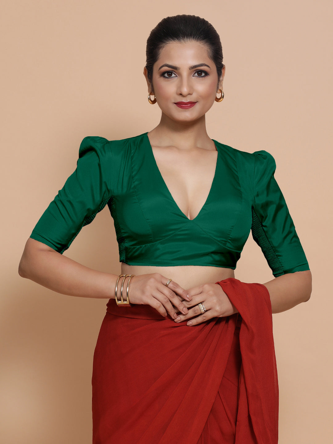 Pavani x Rozaana Saree Blouse, in Green Vegan Silk, featuring elbow sleeves and v-neckline, made for party & festive (view 8).