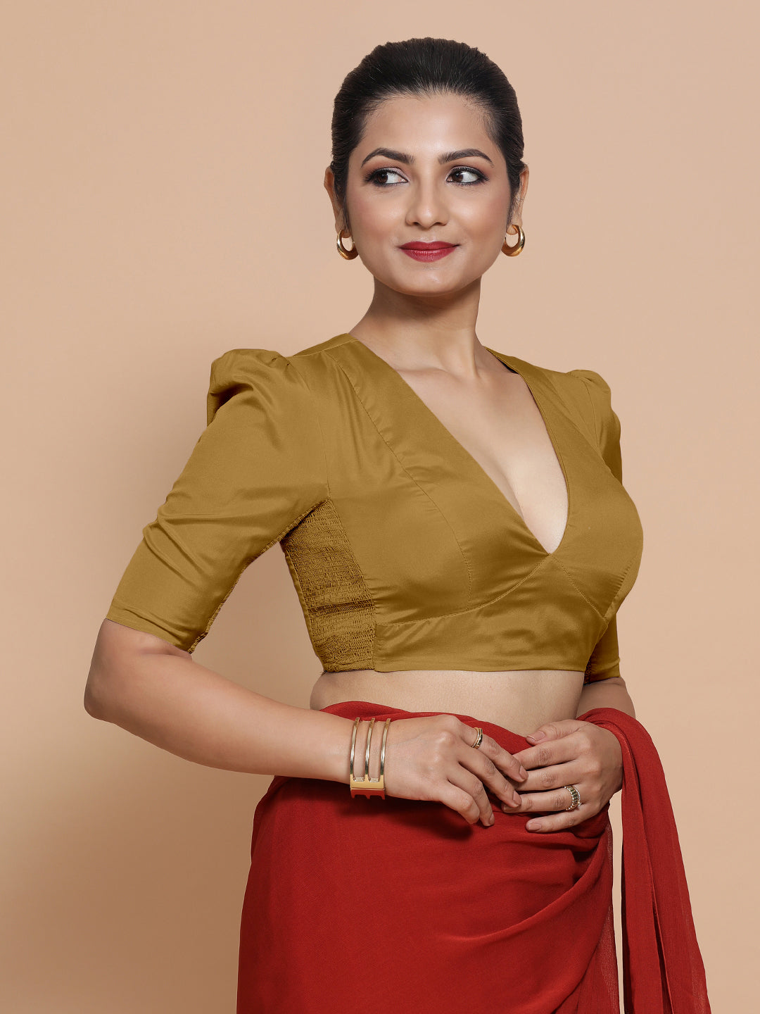 Pavani x Rozaana Saree Blouse, in Gold Vegan Silk, featuring elbow sleeves and v-neckline, made for party & festive.