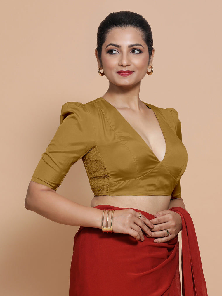 Pavani x Rozaana Saree Blouse, in Gold Vegan Silk, featuring elbow sleeves and v-neckline, made for party & festive.
