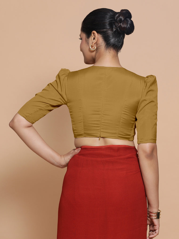 Pavani x Rozaana Saree Blouse, in Gold Vegan Silk, featuring elbow sleeves and v-neckline, made for party & festive (view 2).