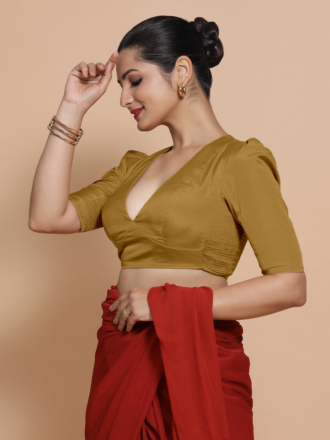 Pavani x Rozaana Saree Blouse, in Gold Vegan Silk, featuring elbow sleeves and v-neckline, made for party & festive (view 5).