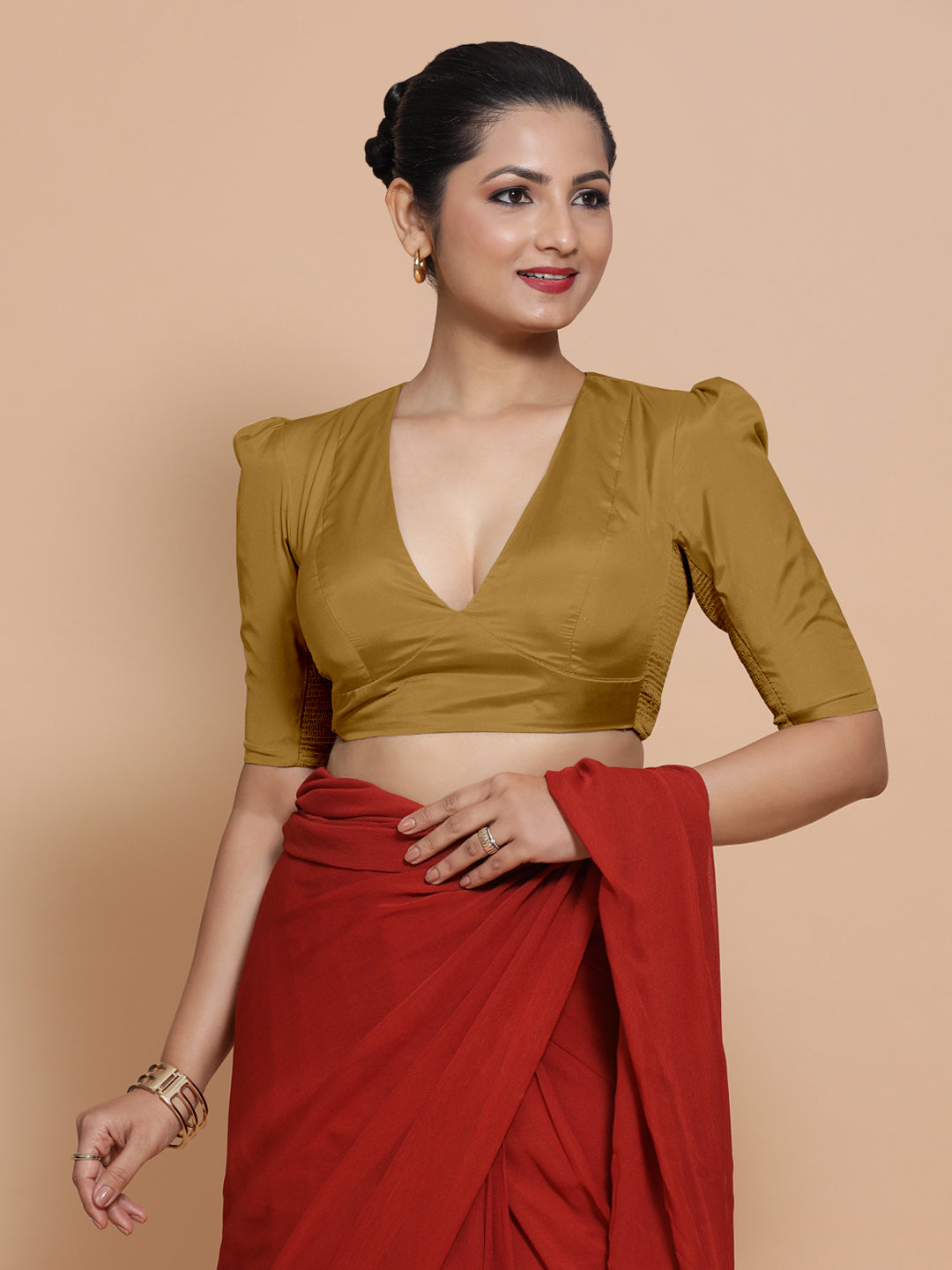 Pavani x Rozaana Saree Blouse, in Gold Vegan Silk, featuring elbow sleeves and v-neckline, made for party & festive (view 6).
