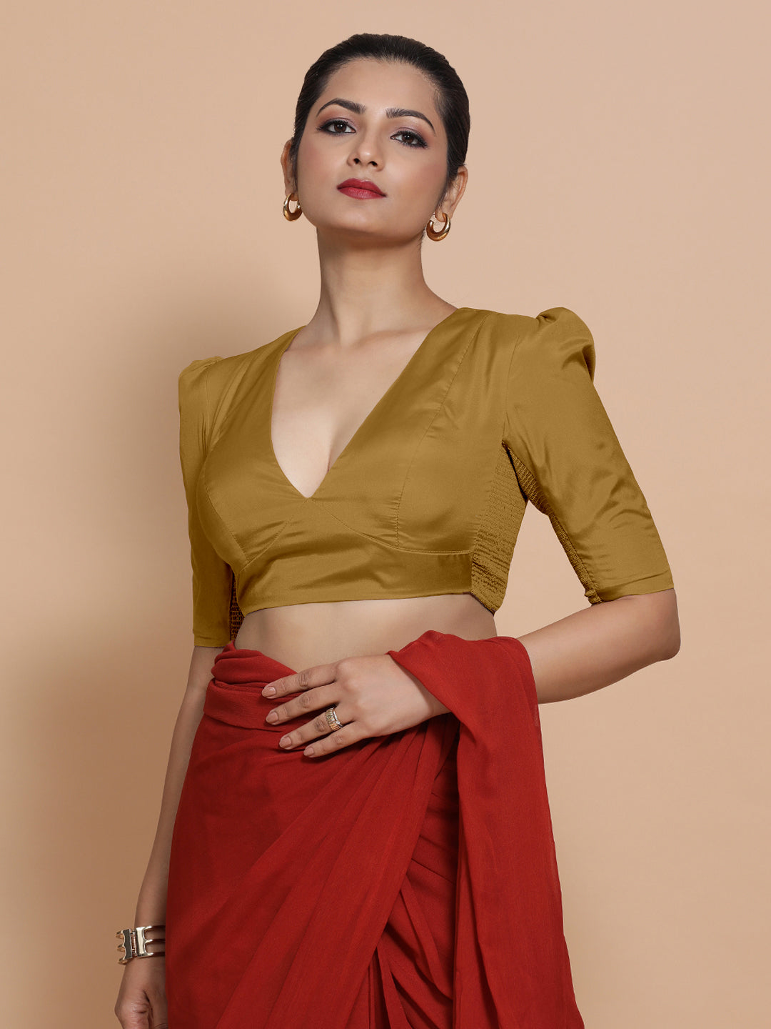Pavani x Rozaana Saree Blouse, in Gold Vegan Silk, featuring elbow sleeves and v-neckline, made for party & festive (view 8).