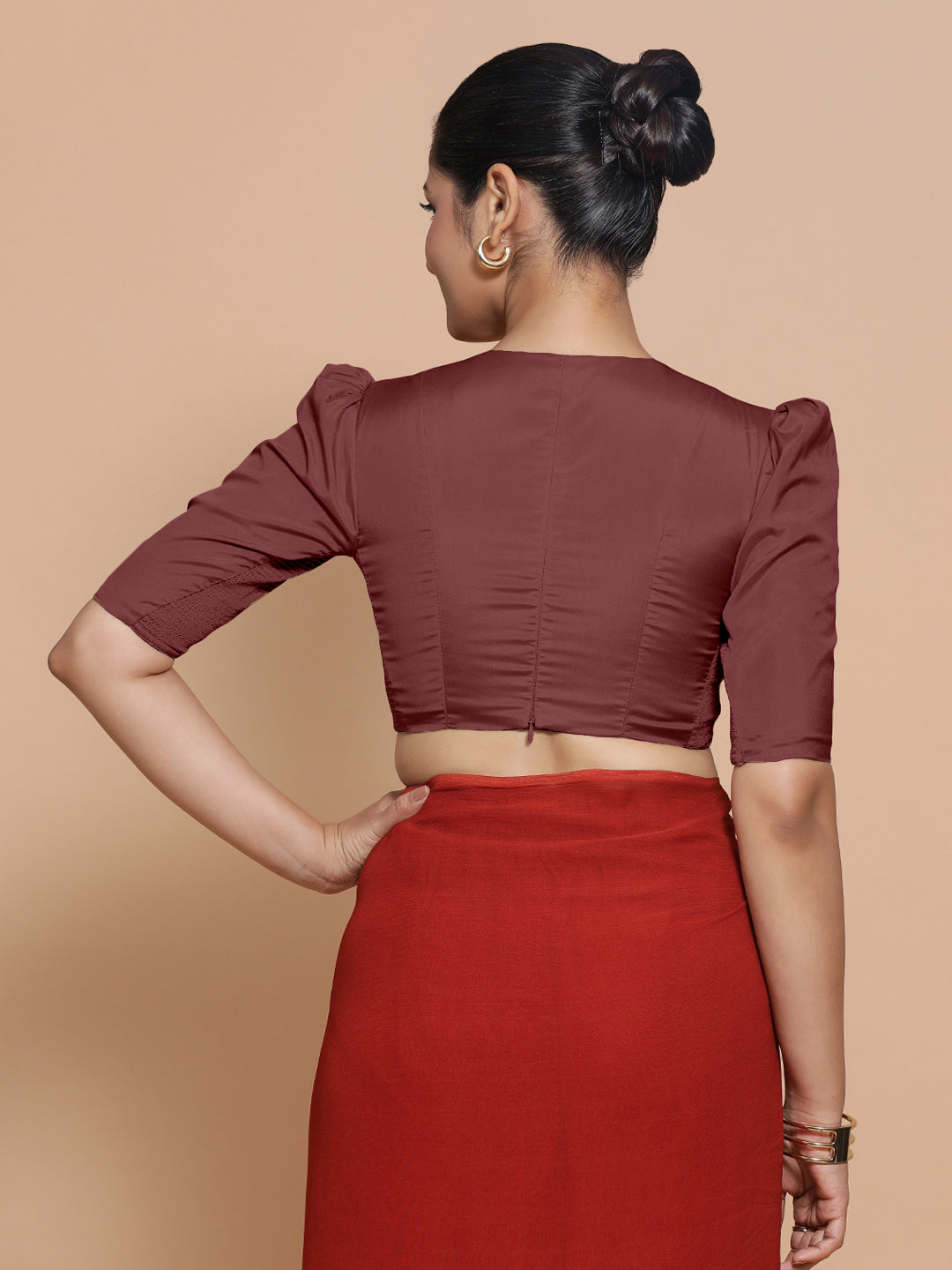 Pavani x Rozaana Saree Blouse, in Maroon Vegan Silk, featuring elbow sleeves and v-neckline, made for party & festive (view 2).