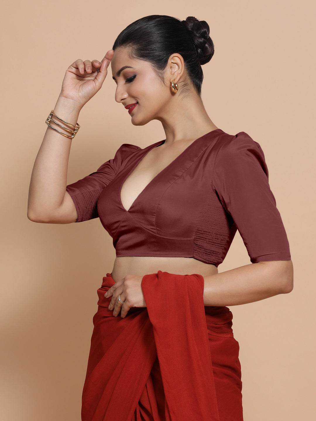 Pavani x Rozaana Saree Blouse, in Maroon Vegan Silk, featuring elbow sleeves and v-neckline, made for party & festive (view 5).