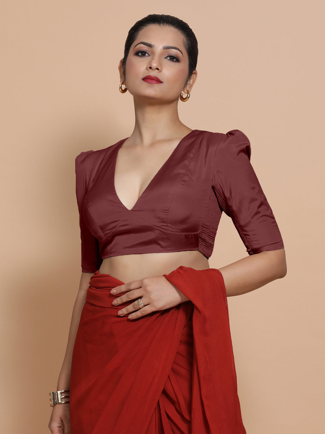 Pavani x Rozaana Saree Blouse, in Maroon Vegan Silk, featuring elbow sleeves and v-neckline, made for party & festive (view 8).