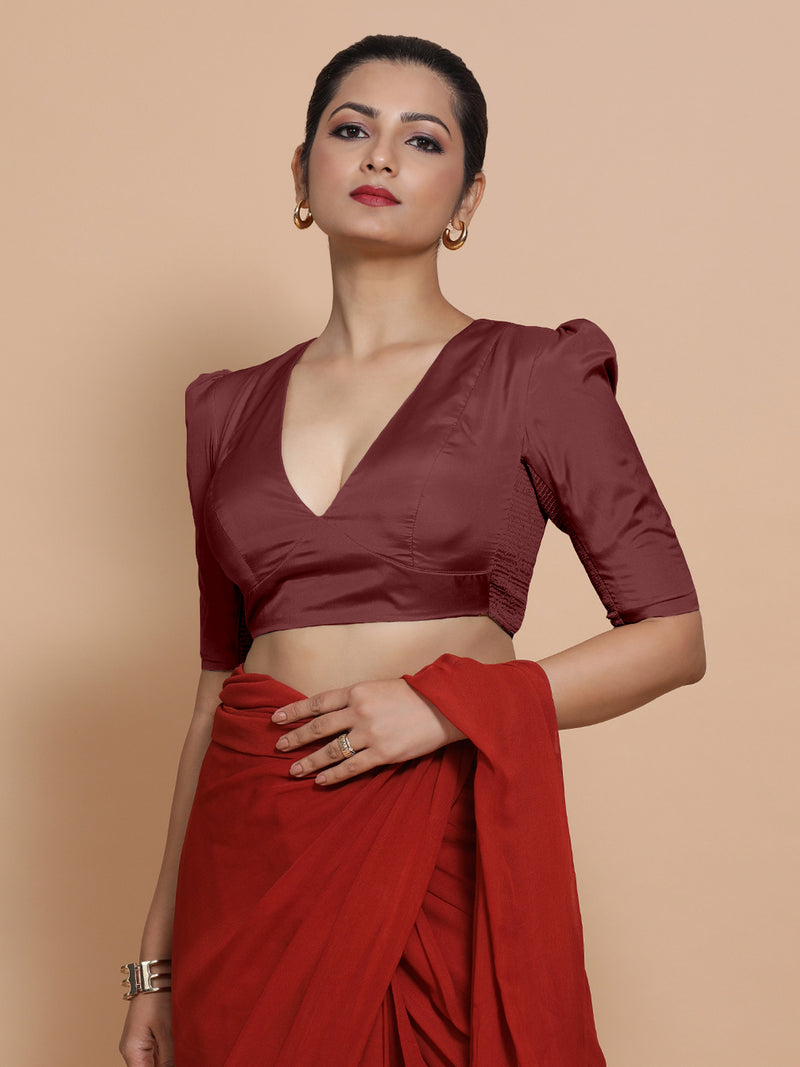 Pavani x Rozaana | Burgundy Art Silk Saree Blouse-Binks
