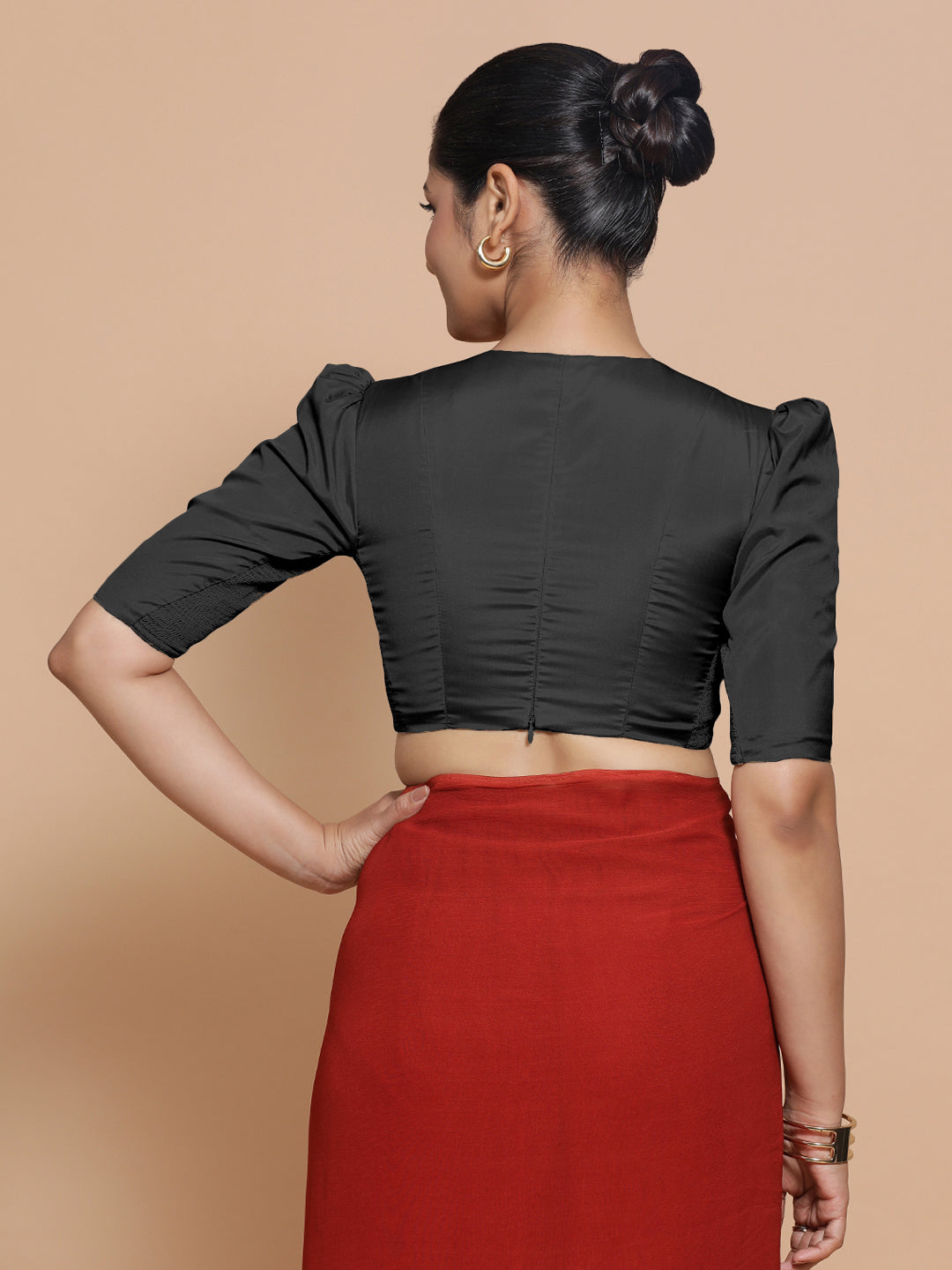 Pavani x Rozaana Saree Blouse, in Black Vegan Silk, featuring elbow sleeves and v-neckline, made for party & festive (view 2).