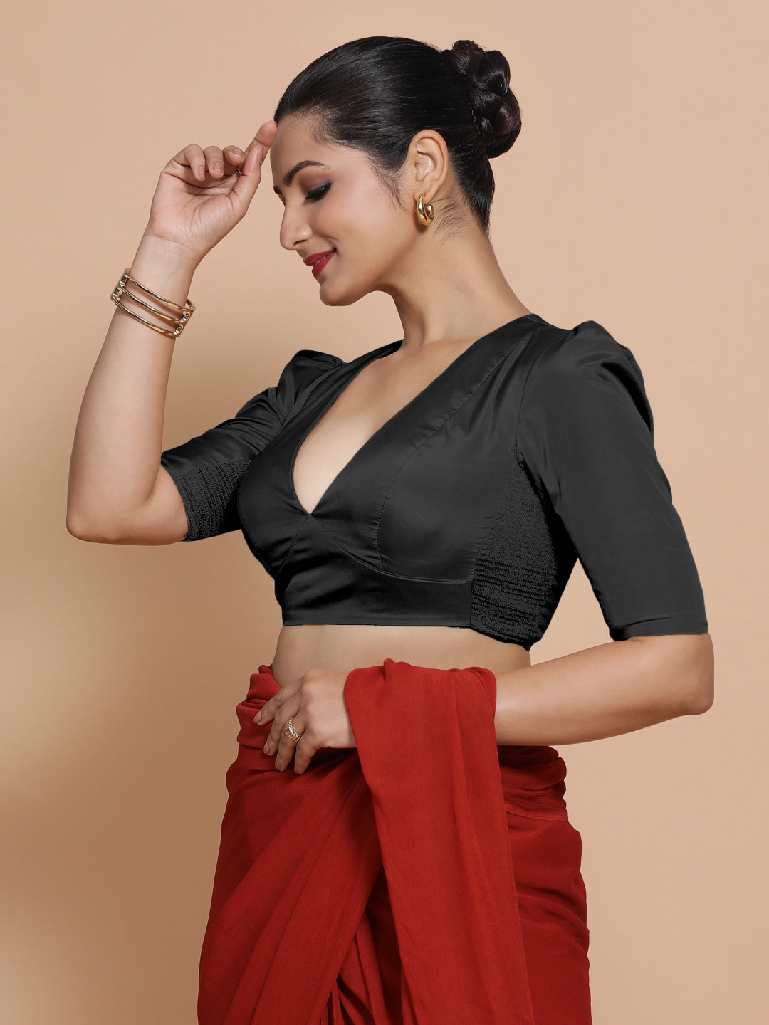 Pavani x Rozaana Saree Blouse, in Black Vegan Silk, featuring elbow sleeves and v-neckline, made for party & festive (view 5).