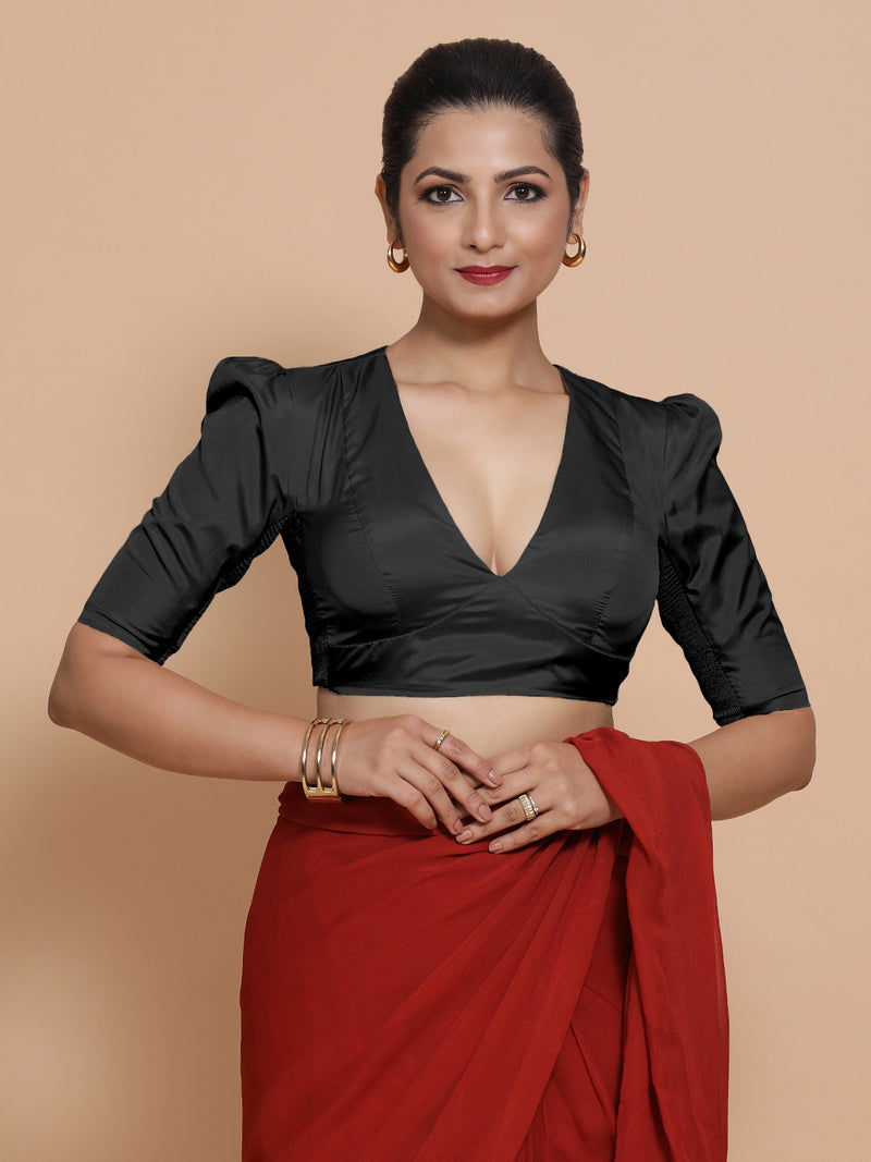 Pavani x Rozaana | Charcoal Black Art Silk Saree Blouse-Binks