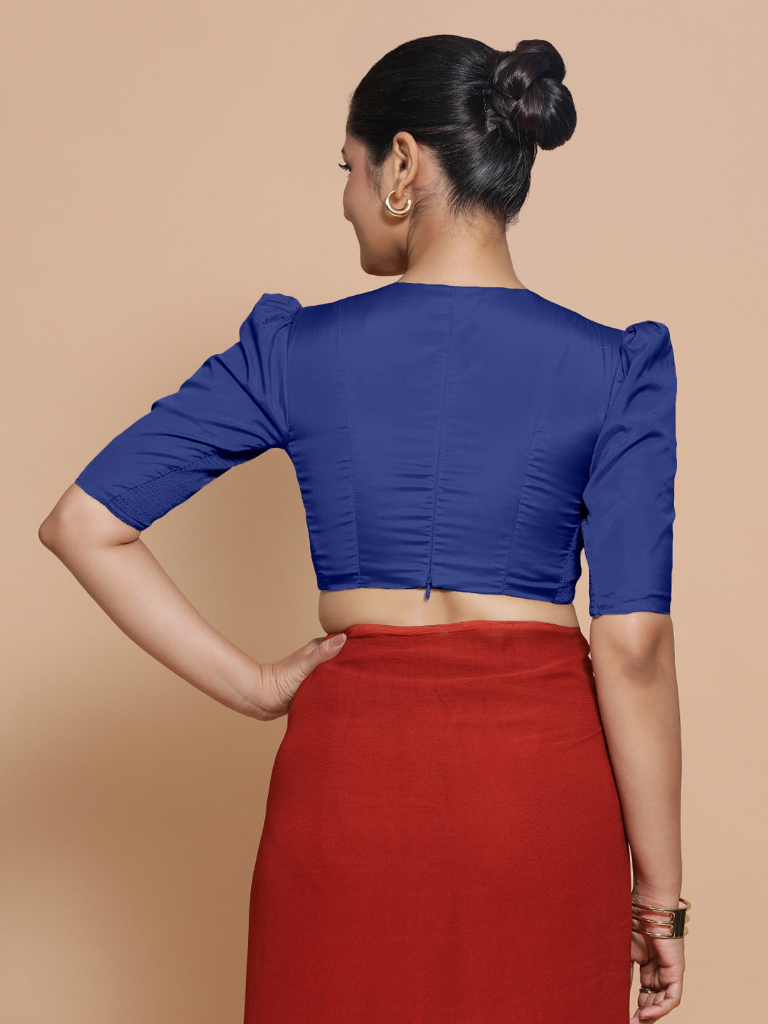 Pavani x Rozaana Saree Blouse, in Blue Vegan Silk, featuring elbow sleeves and v-neckline, made for party & festive (view 2).
