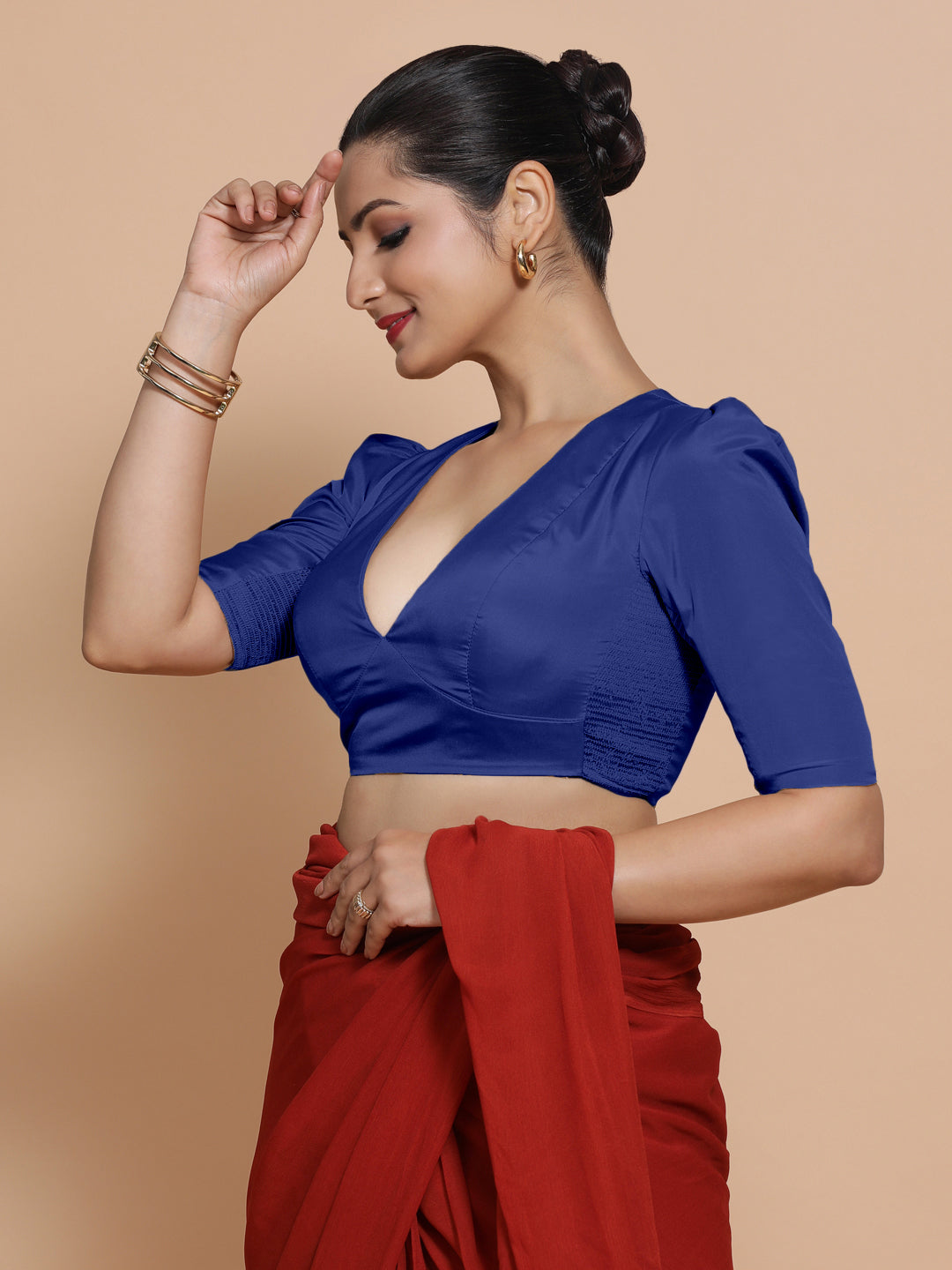 Pavani x Rozaana Saree Blouse, in Blue Vegan Silk, featuring elbow sleeves and v-neckline, made for party & festive (view 4).