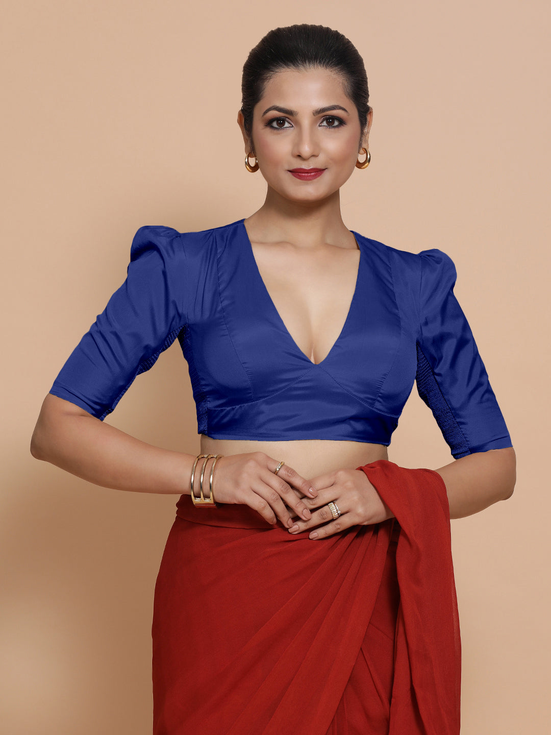 Pavani x Rozaana Saree Blouse, in Blue Vegan Silk, featuring elbow sleeves and v-neckline, made for party & festive (view 8).