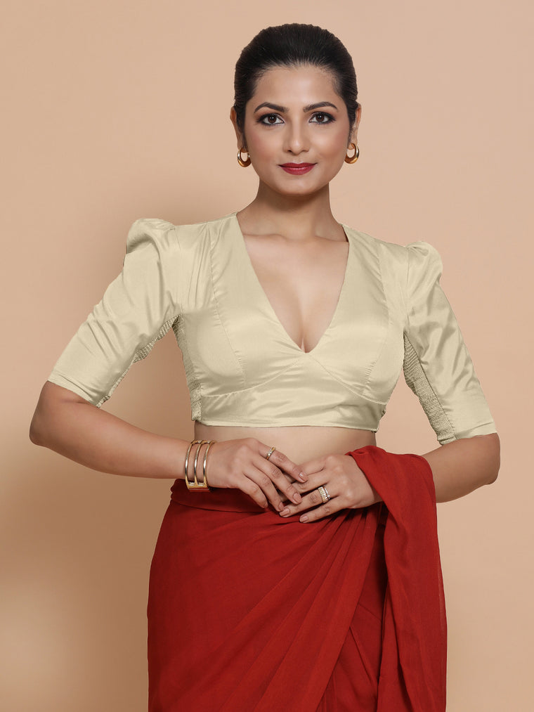 Pavani x Rozaana Saree Blouse, in Cream Vegan Silk, featuring elbow sleeves and v-neckline, made for party & festive.