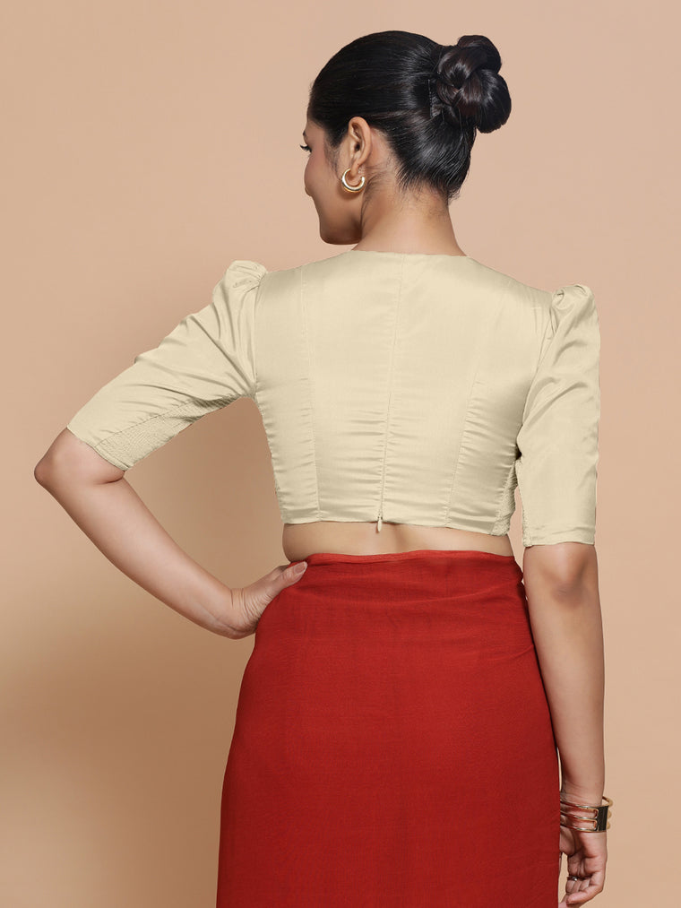 Pavani x Rozaana Saree Blouse, in Cream Vegan Silk, featuring elbow sleeves and v-neckline, made for party & festive (view 2).