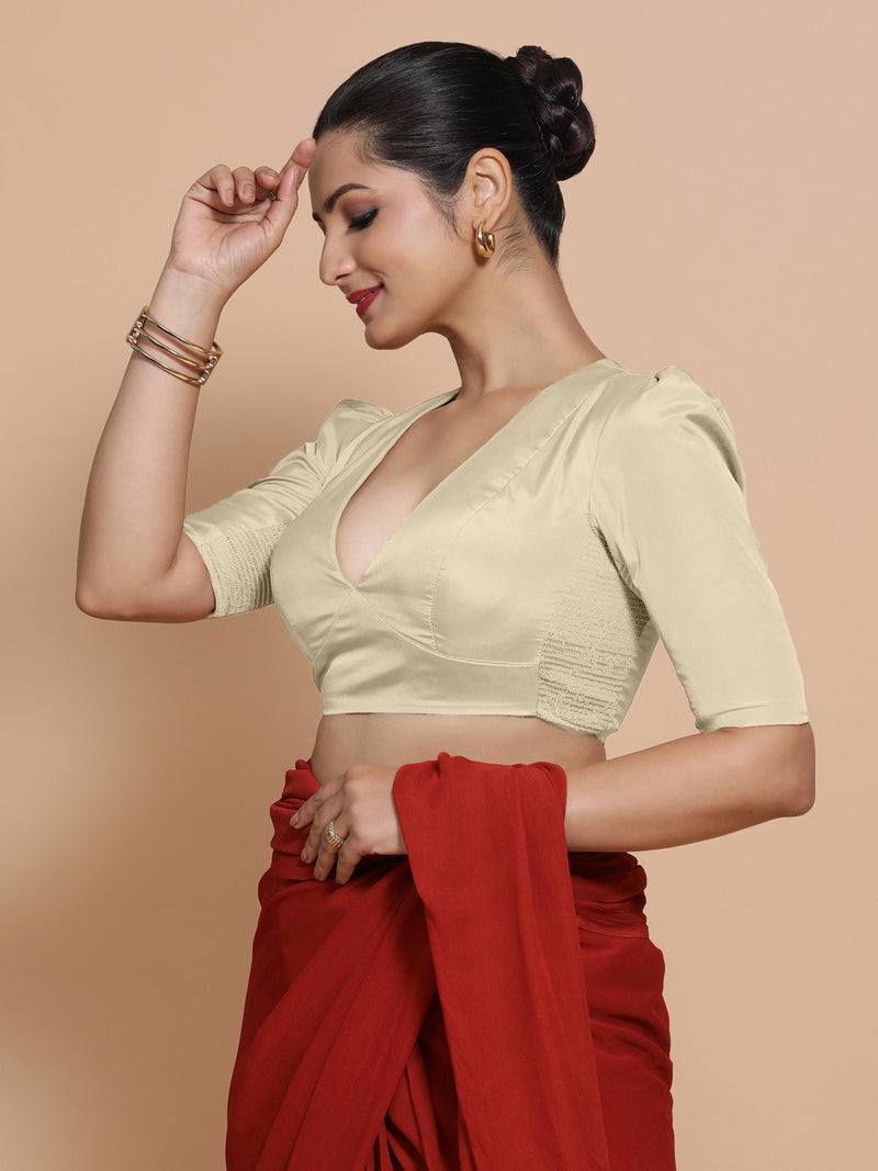 Pavani x Rozaana | Cream Art Silk Saree Blouse-Binks