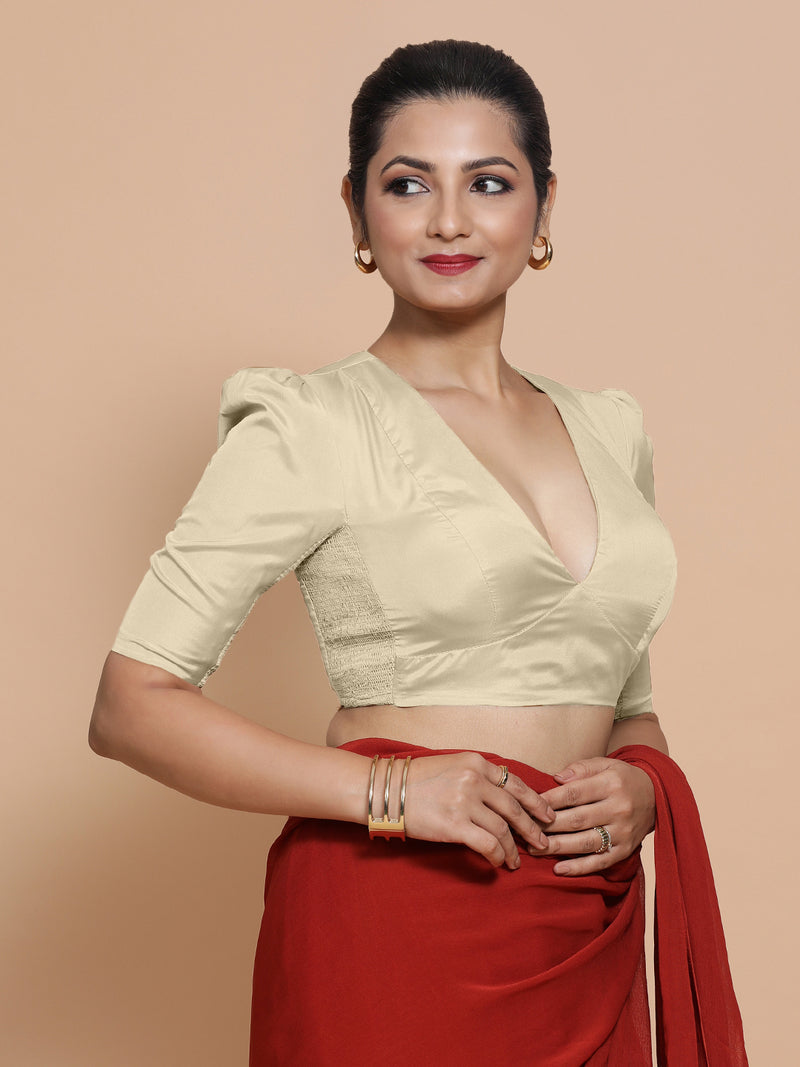 Pavani x Rozaana | Cream Art Silk Saree Blouse-Binks