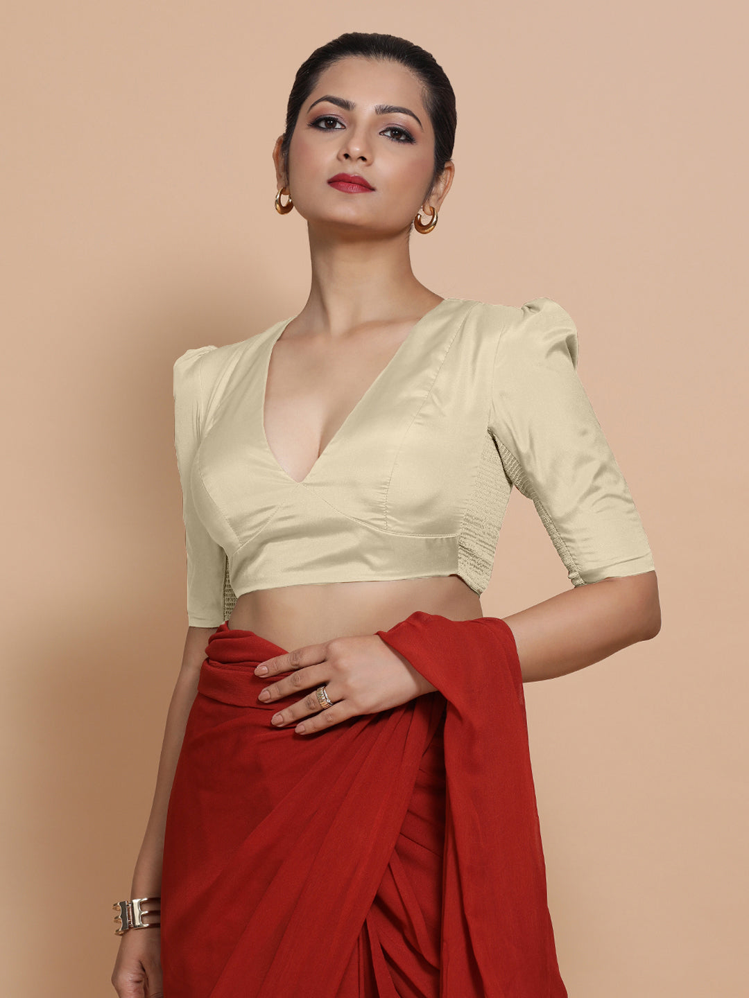 Pavani x Rozaana Saree Blouse, in Cream Vegan Silk, featuring elbow sleeves and v-neckline, made for party & festive (view 8).