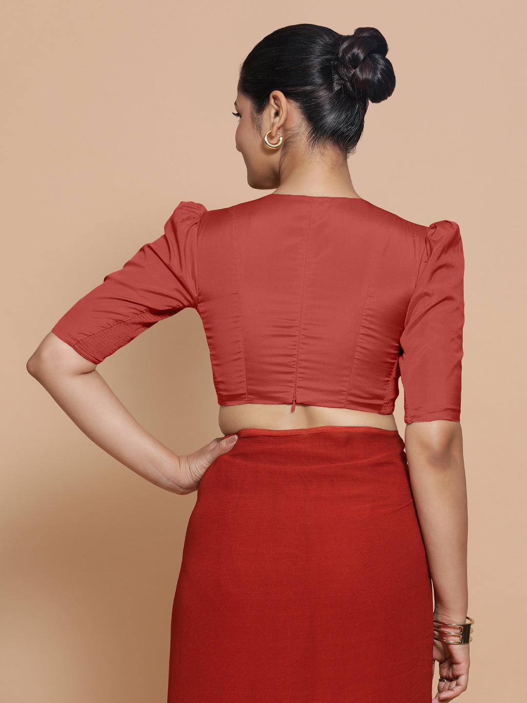 Pavani x Rozaana Saree Blouse, in Red Vegan Silk, featuring elbow sleeves and v-neckline, made for party & festive (view 2).