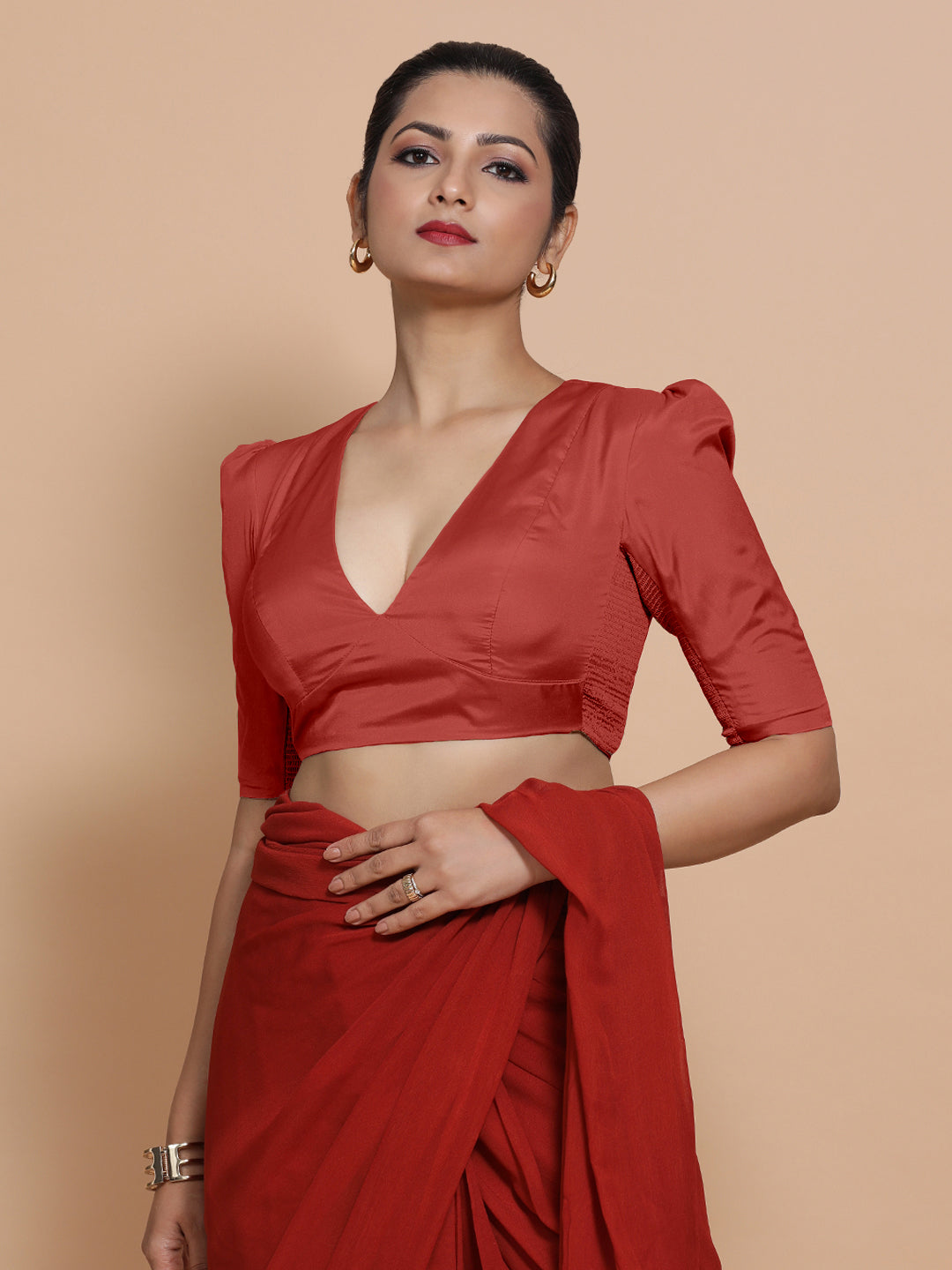 Pavani x Rozaana Saree Blouse, in Red Vegan Silk, featuring elbow sleeves and v-neckline, made for party & festive (view 8).