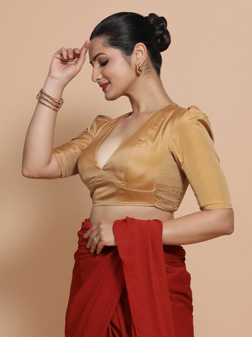 Pavani x Rozaana Saree Blouse, in Gold Vegan Silk, featuring elbow sleeves and v-neckline, made for party & festive.