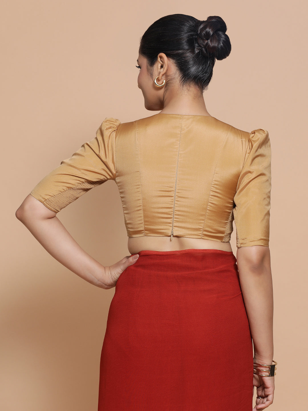 Pavani x Rozaana Saree Blouse, in Gold Vegan Silk, featuring elbow sleeves and v-neckline, made for party & festive (view 2).