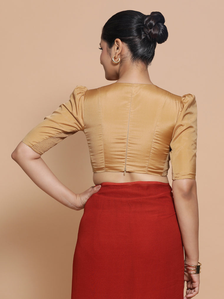 Pavani x Rozaana Saree Blouse, in Gold Vegan Silk, featuring elbow sleeves and v-neckline, made for party & festive (view 2).