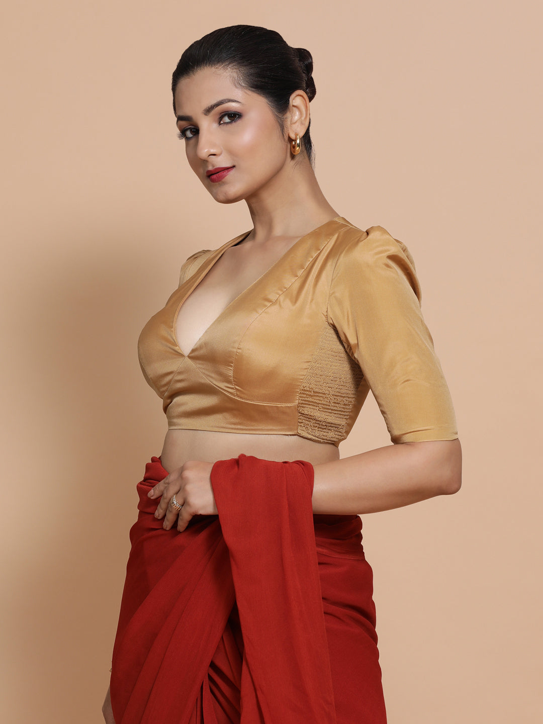 Pavani x Rozaana Saree Blouse, in Gold Vegan Silk, featuring elbow sleeves and v-neckline, made for party & festive (view 4).